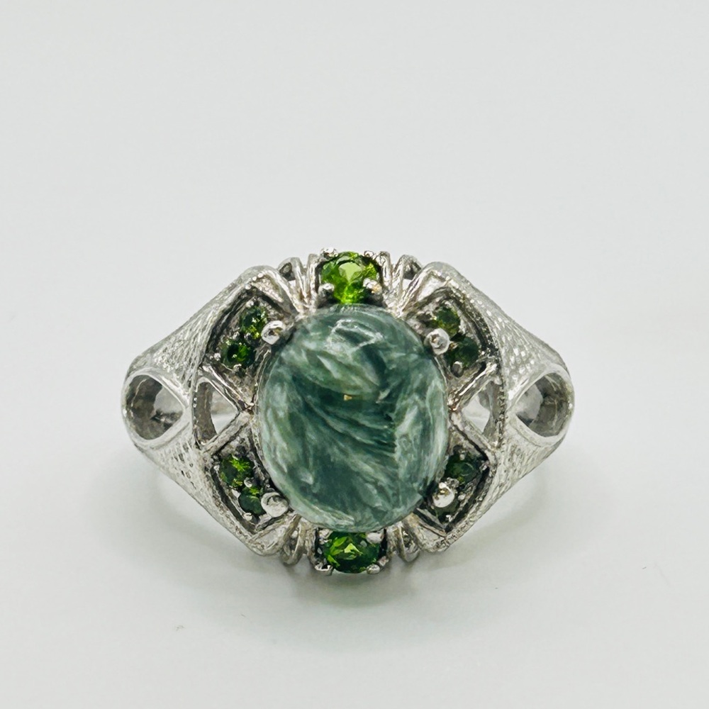 Seraphinite and Peridot Ring; Size 9.75; Stainless Steel
